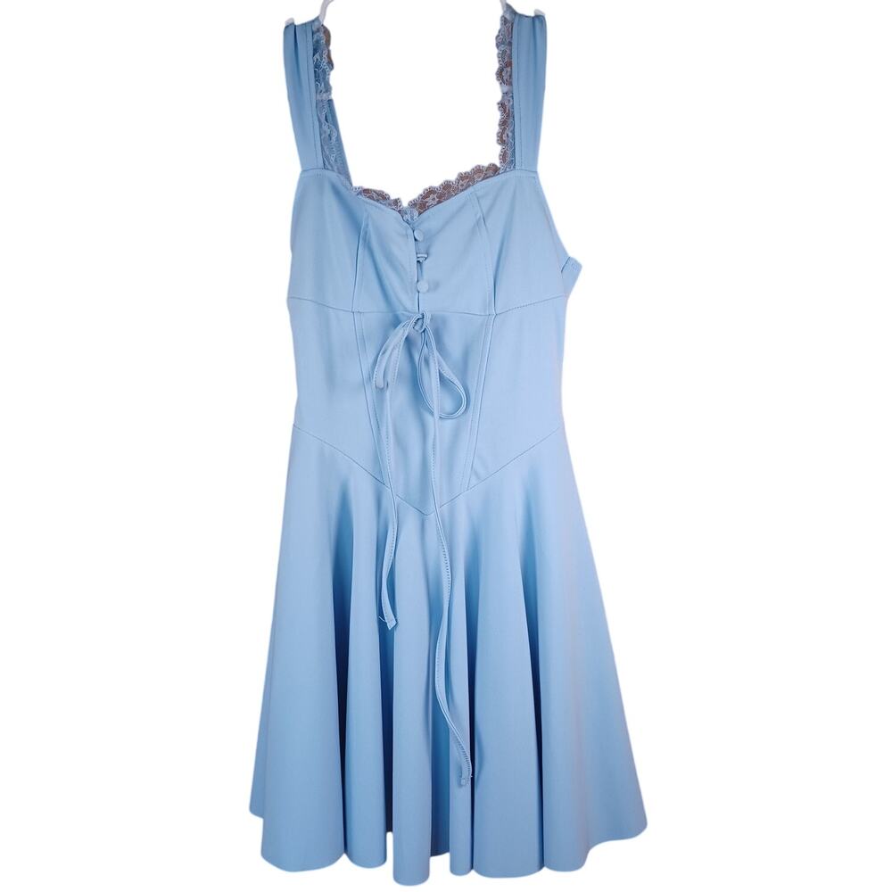 Light Blue Lace Trim Tie Front Skater Dress XS Cottagecore Coquette Wedding - Picture 4 of 6